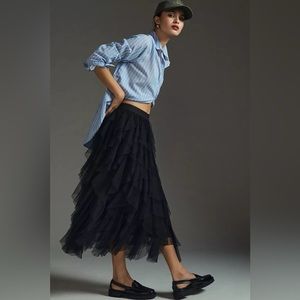 Anthropologie The Chéri Ruffled Tulle Midi Skirt Black NWT Brand New Gorgeous